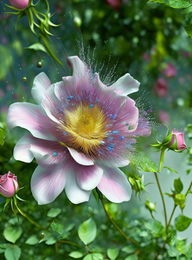 Colorful digital flower image with pink, white, and yellow petals on blue speckled background.