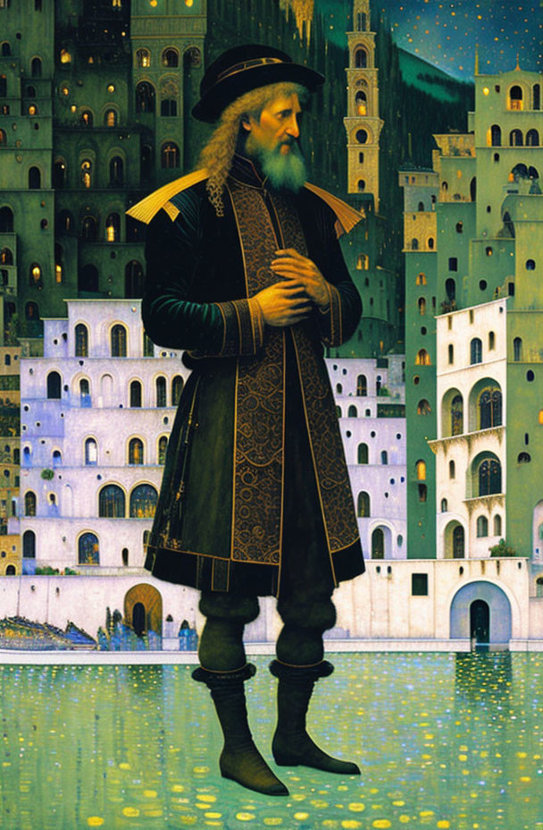 Surreal painting: Bearded figure in Renaissance attire merges with starry cityscape