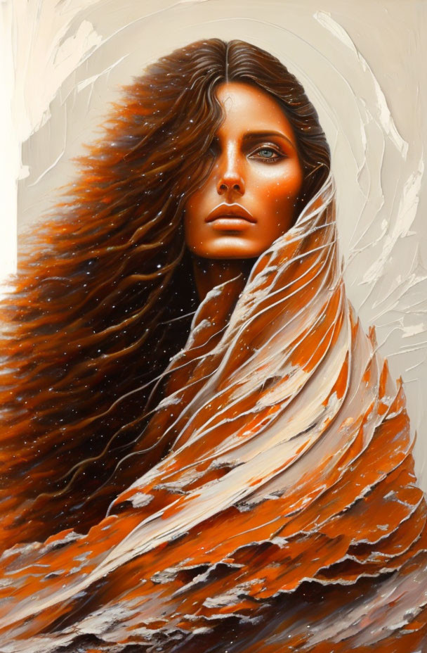 Woman with flowing hair and scarf in warm, earthy tones and mysterious gaze