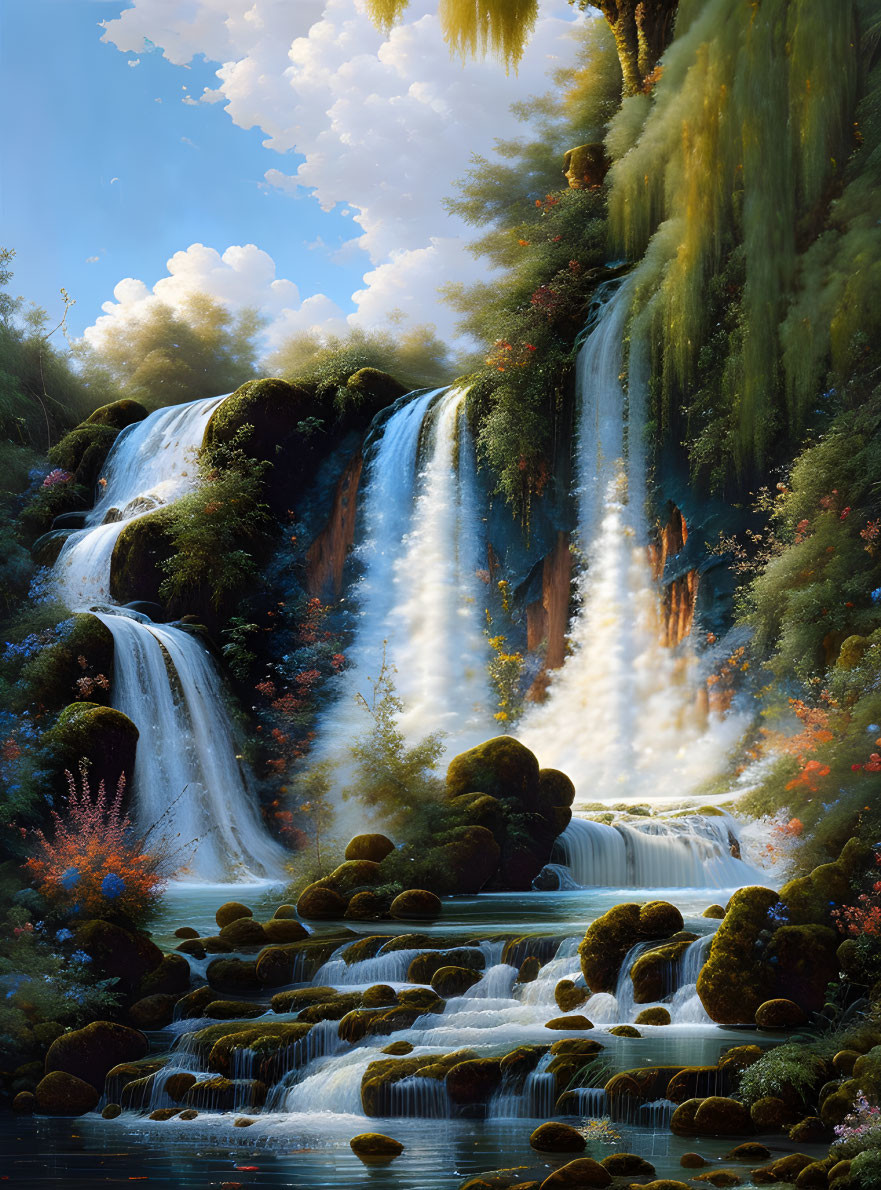 Scenic waterfall surrounded by lush greenery and vibrant flora