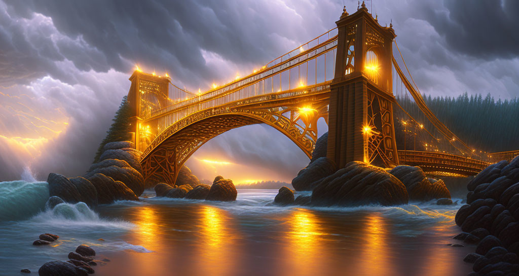 Fantasy illustration of ornate bridge over stormy sea