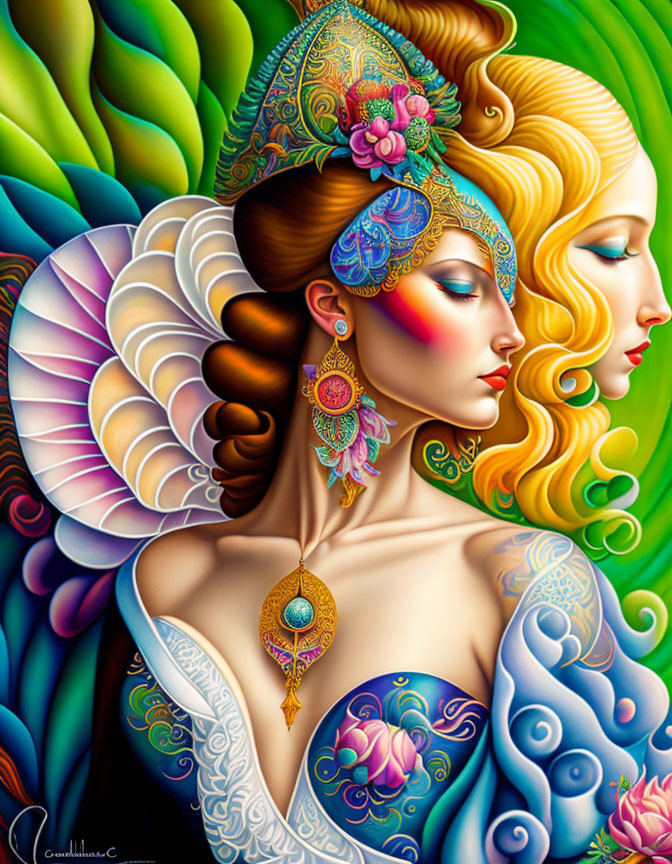 Colorful digital painting of woman with golden hair and ornate headdress.