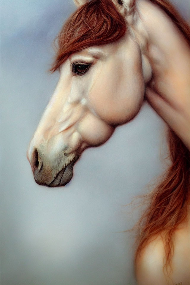 Detailed Hyperrealistic Horse Head Painting with Eyes and Mane on Soft-Focus Background