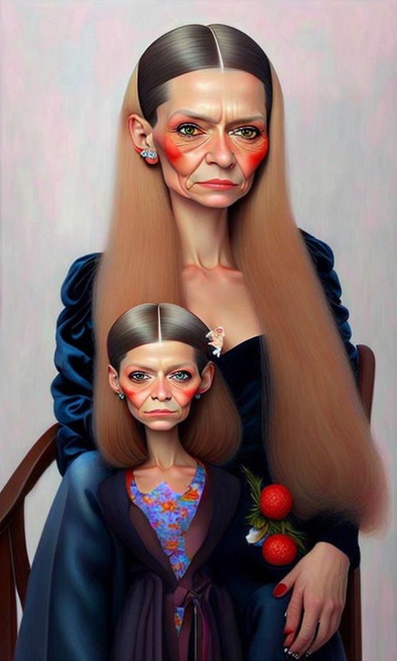 Colorful surreal portrait of two figures with elongated faces and large eyes.