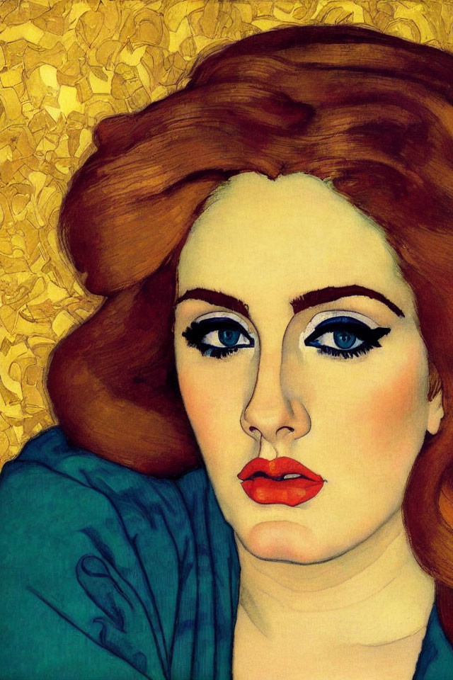 Portrait of Woman with Red Hair and Blue Eyes on Gold-Leaf Background