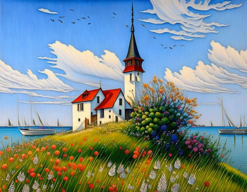 Coastal scene painting with lighthouse, houses, flowers, boats, and birds