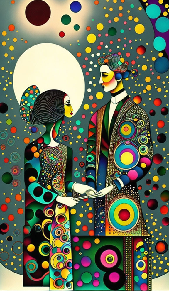 Stylized figures with colorful patterns and moon backdrop