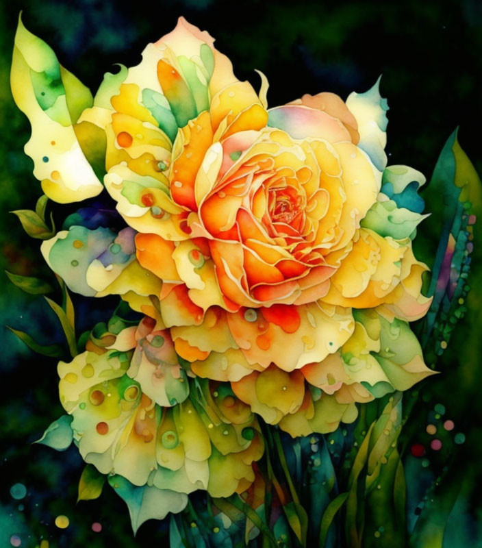 Colorful watercolor painting of a multicolored rose on a dark, speckled background