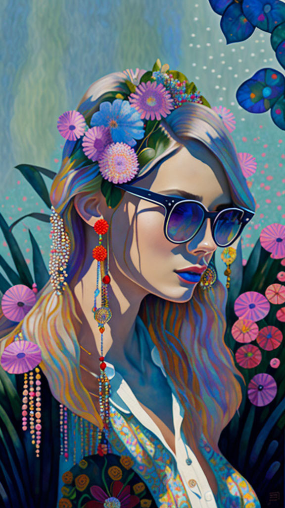 Stylized portrait of woman with flowers and sunglasses