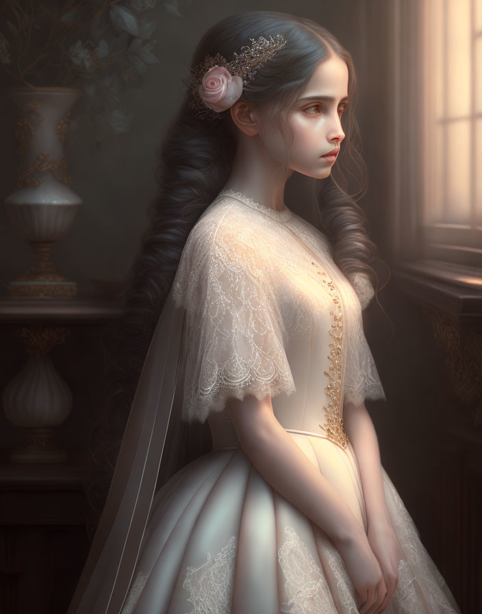 Digital artwork of young woman in vintage dress by window