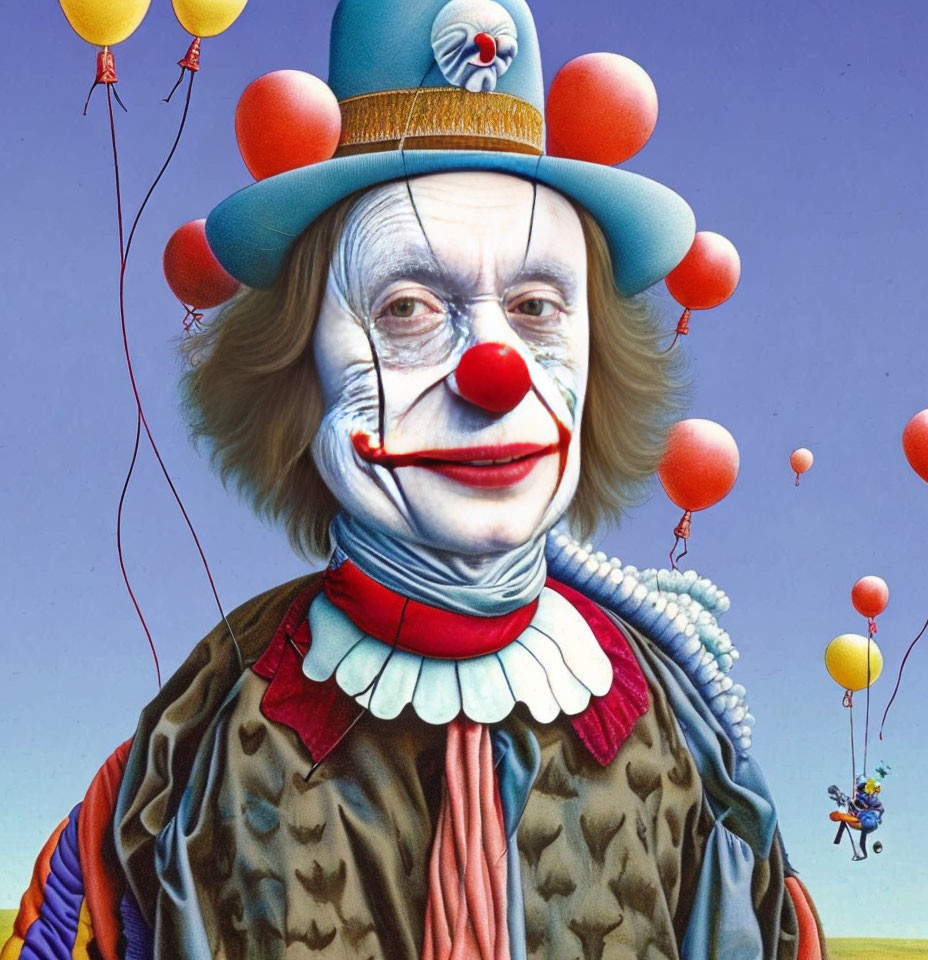 Colorful Clown with Red Nose and Balloons in Clear Sky