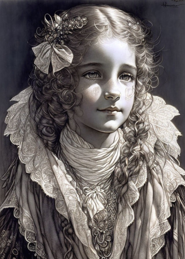 Monochromatic illustration of young girl with curly hair and floral hairpiece in lace dress