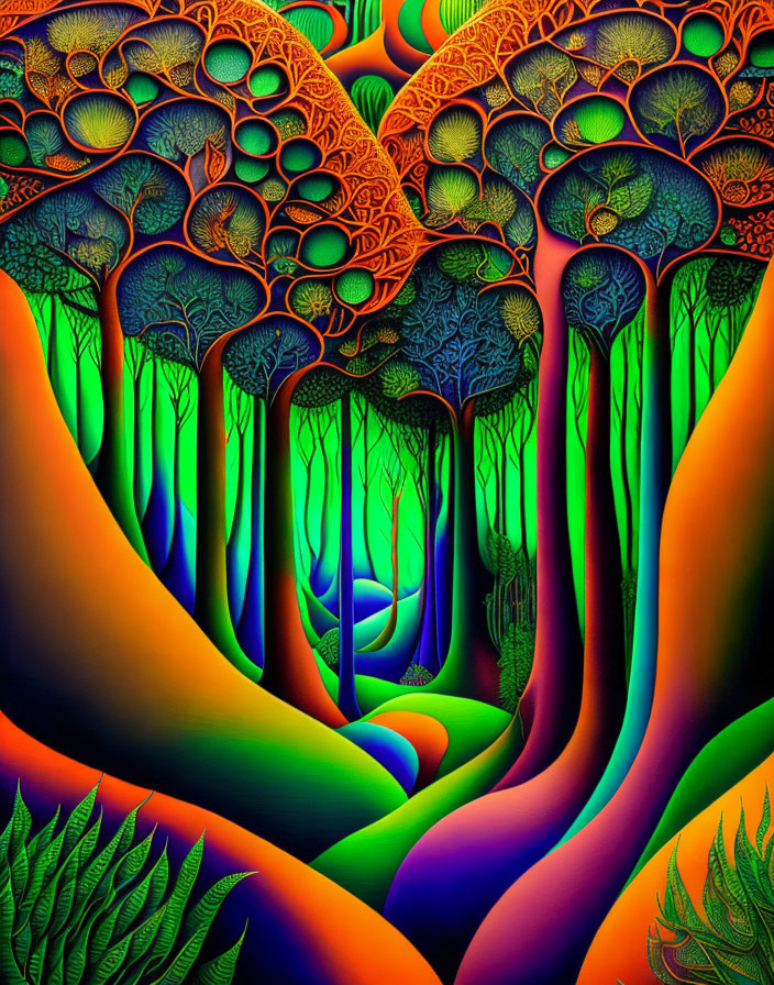 Colorful Psychedelic Forest with Swirling Tree Trunks