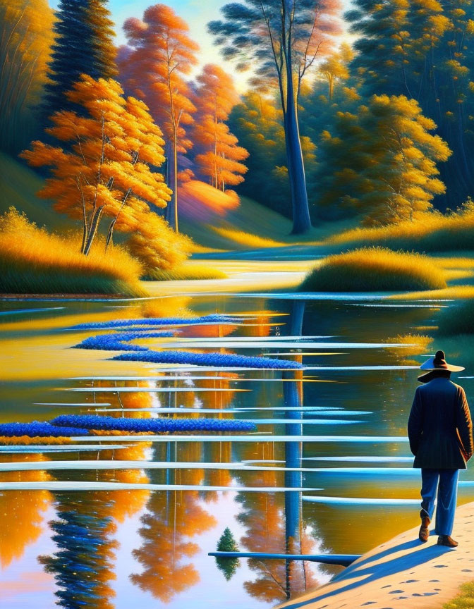 Person on Dock Viewing Tranquil Autumn Lake