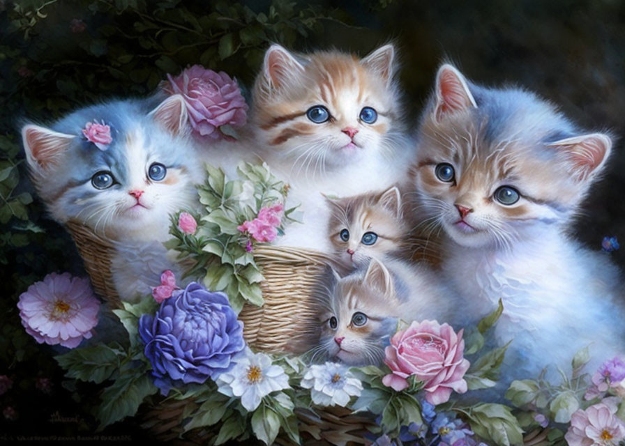 Five kittens surrounded by colorful flowers in wicker basket