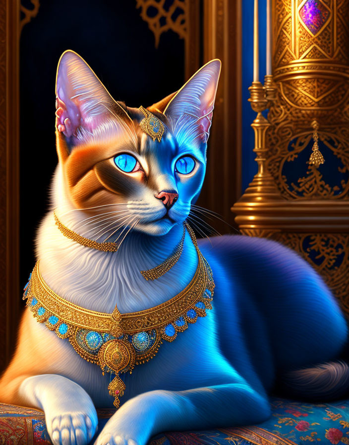 Illustrated majestic cat with vibrant blue eyes and golden jewelry on ornate background