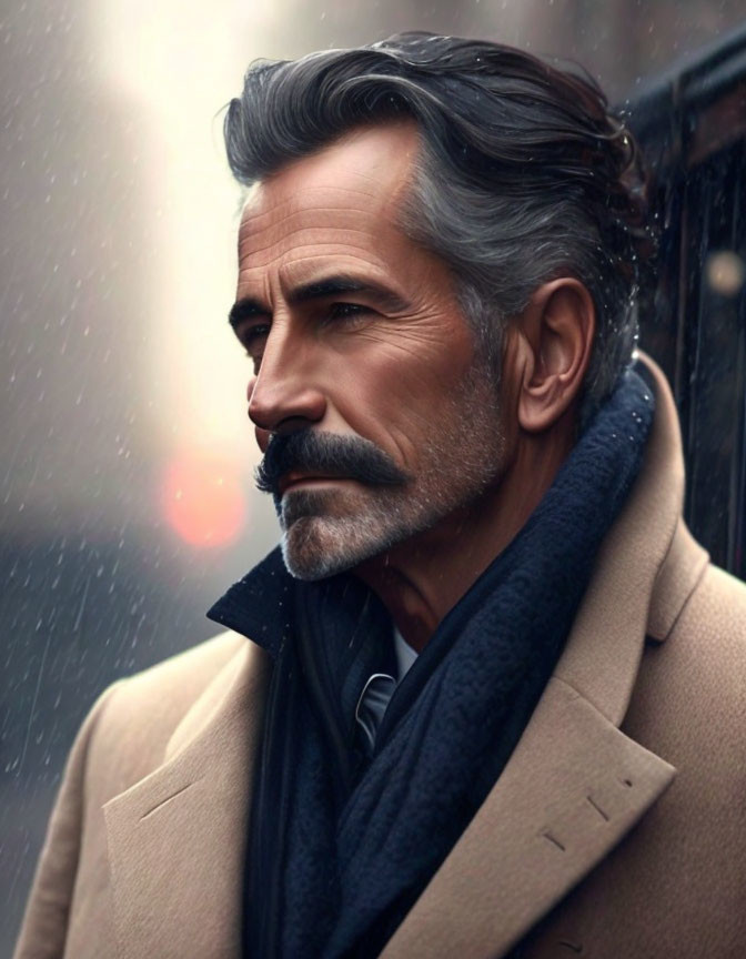 Gray-Haired Man in Beige Overcoat and Scarf Contemplating Snowy Cityscape