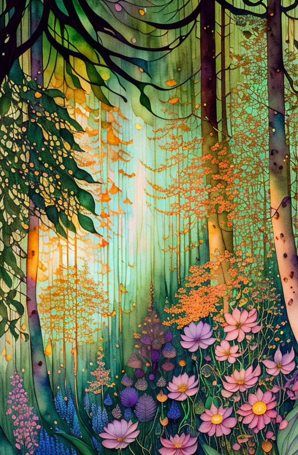 Lush enchanted forest with tall trees and colorful foliage