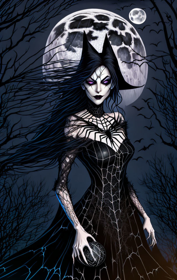 Gothic female figure in black dress under full moon