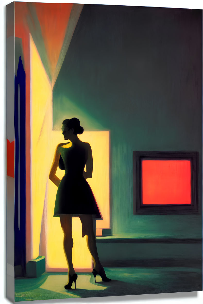 Silhouette of woman in dress with colorful geometric shapes and shadows