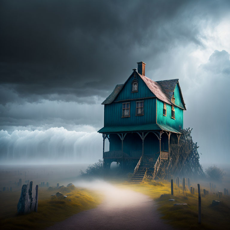 Teal House on Stilts in Stormy Sky with Sunlight and Desolate Landscape