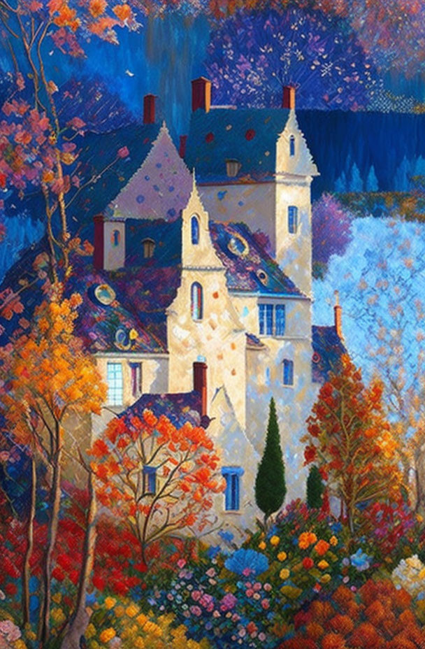 White Chateau Surrounded by Colorful Autumn Forest