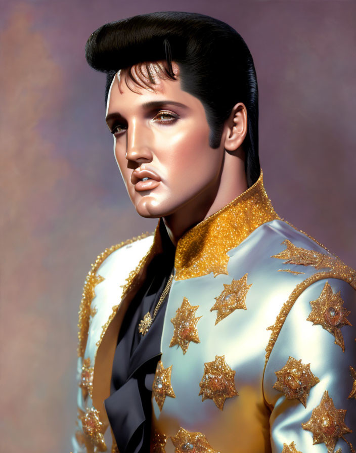 Stylized portrait of man with quiff in gold star-studded jacket