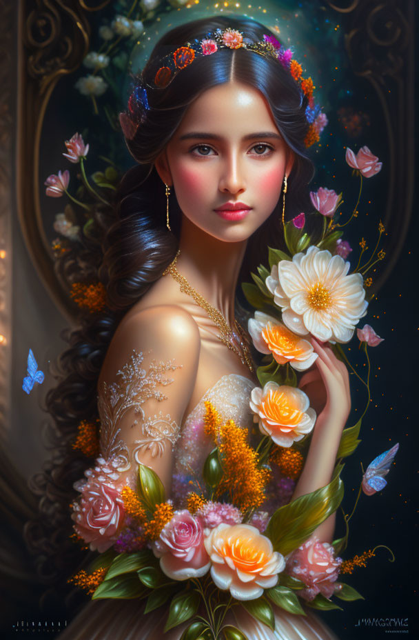 Ethereal woman with flowers, butterflies, and warm glow.