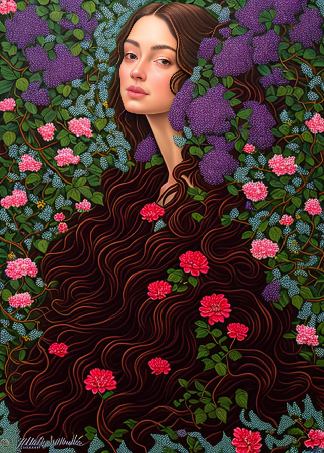 Illustrated portrait of woman with long brown hair and colorful floral patterns