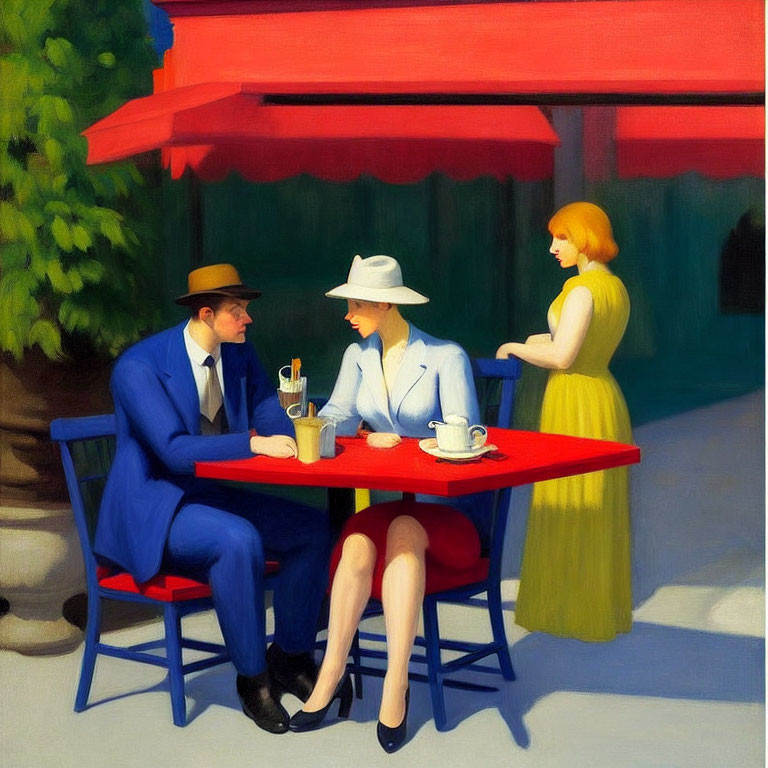 Man in blue suit and woman in white at red outdoor table with waitress taking order