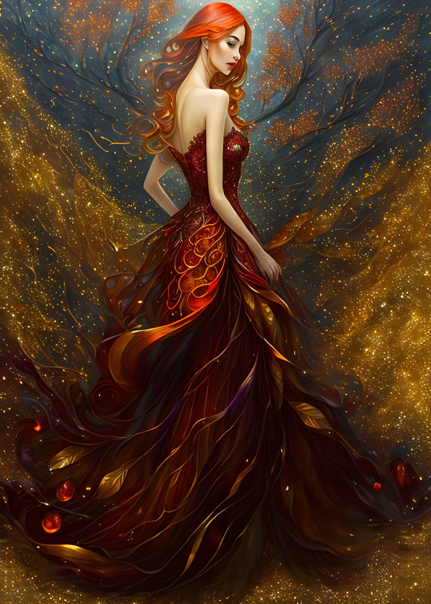 Illustration: Woman with flowing red hair in autumn-themed gown on golden backdrop