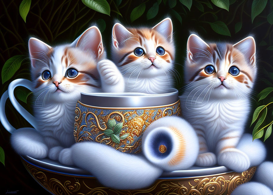 Three Cute Kittens in Teacup with Green Foliage