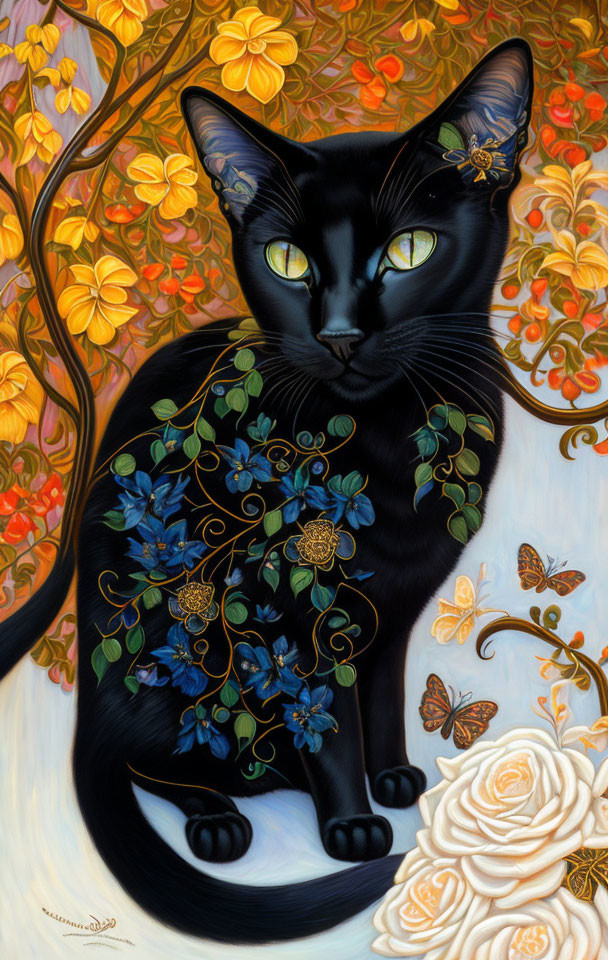 Detailed black cat illustration with green eyes, blue flowers, butterflies, and floral patterns