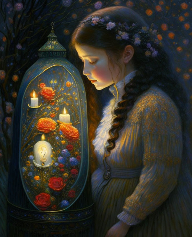 Young girl with braid near ornate lantern and blooming roses in nocturnal floral setting