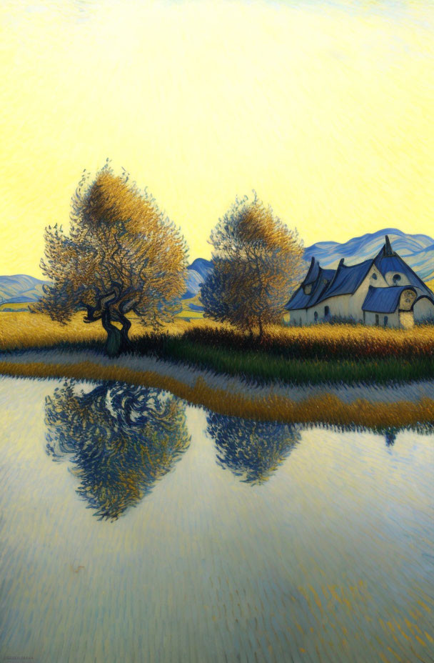 Tranquil autumn landscape with reflective lake and cottage under yellow sky