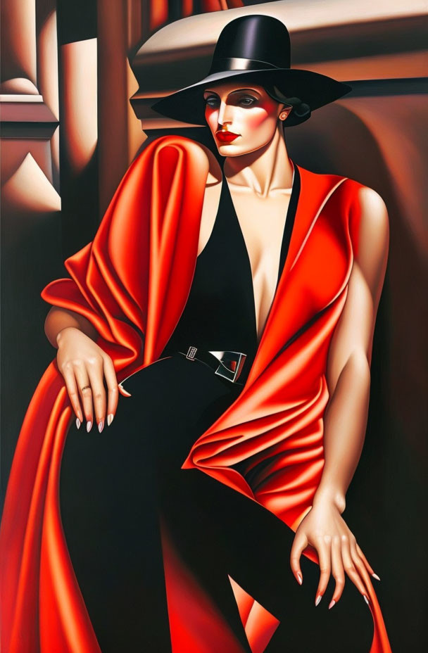 Elegantly dressed woman in red dress and black hat in shadow-striped setting