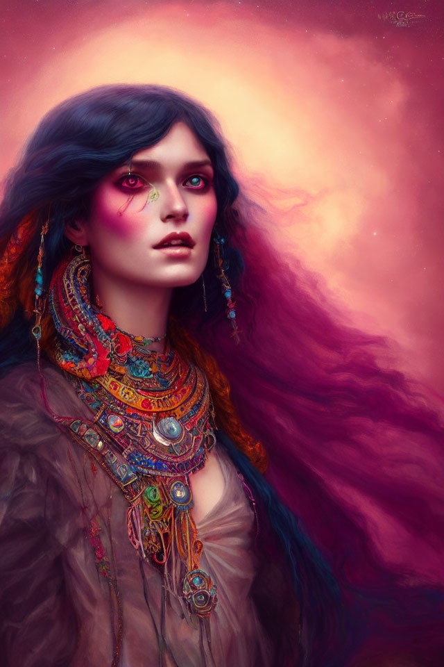 Woman Portrait with Vibrant Makeup and Tribal Jewelry on Ethereal Background