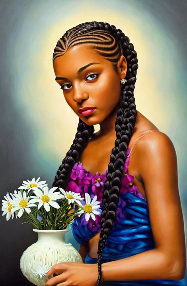 Portrait of woman with braided hair holding vase of daisies and purple flowers on gradient background