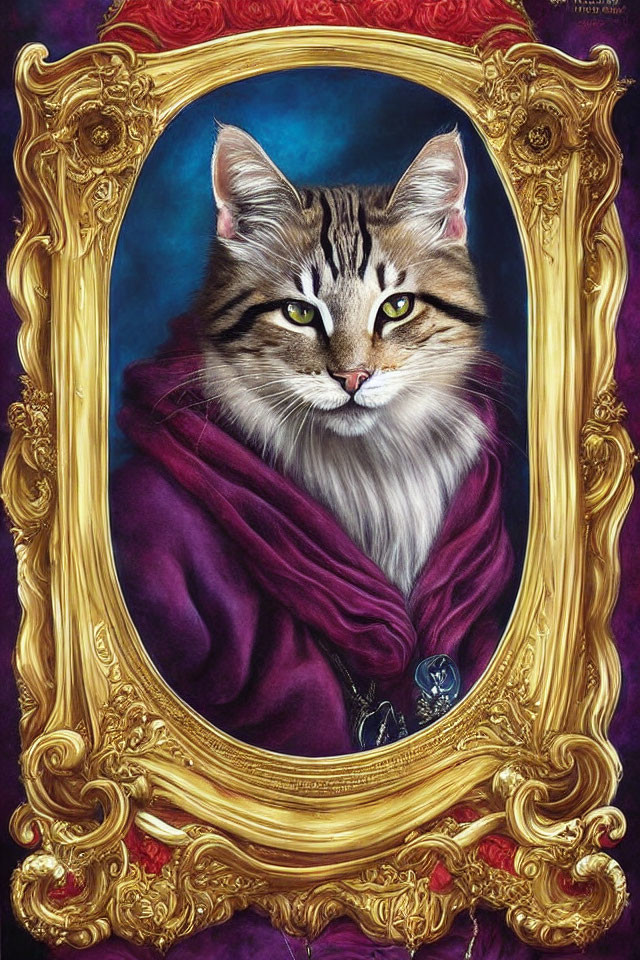 Regal cat with green eyes in purple cloak, classical style portrait.