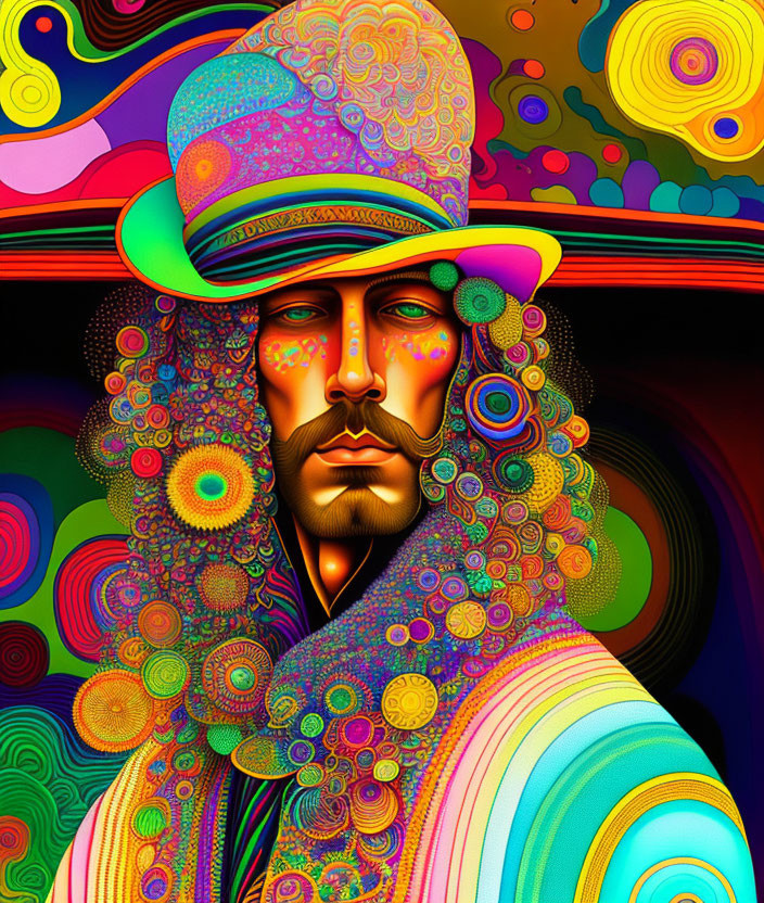 Colorful Psychedelic Portrait of Man with Beard and Mustache in Patterned Attire