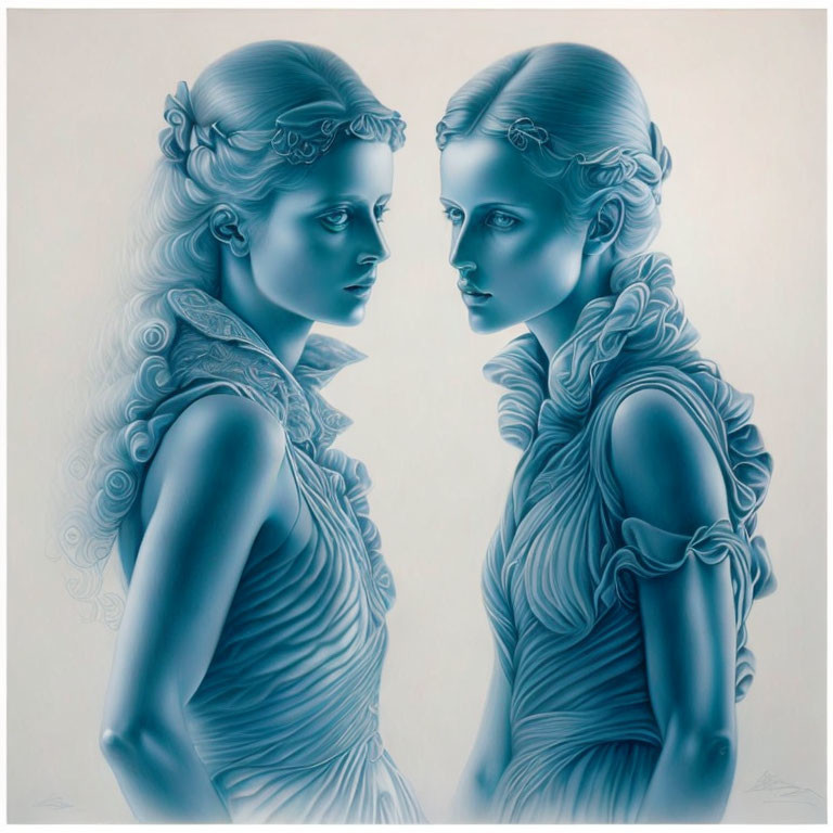 Two women in classical dresses with ornate hairstyles in monochromatic blue palette