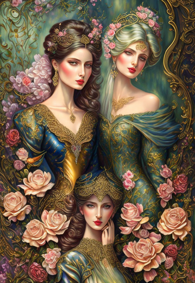 Ethereal women in medieval gowns with roses and intricate jewelry