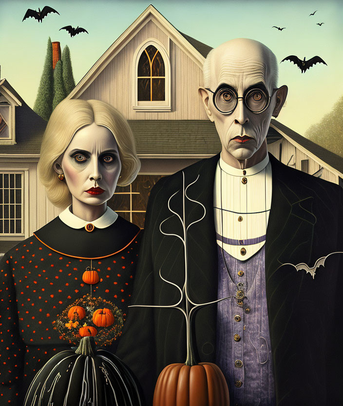 Gothic-themed portrait of solemn couple with pumpkins and bats in background