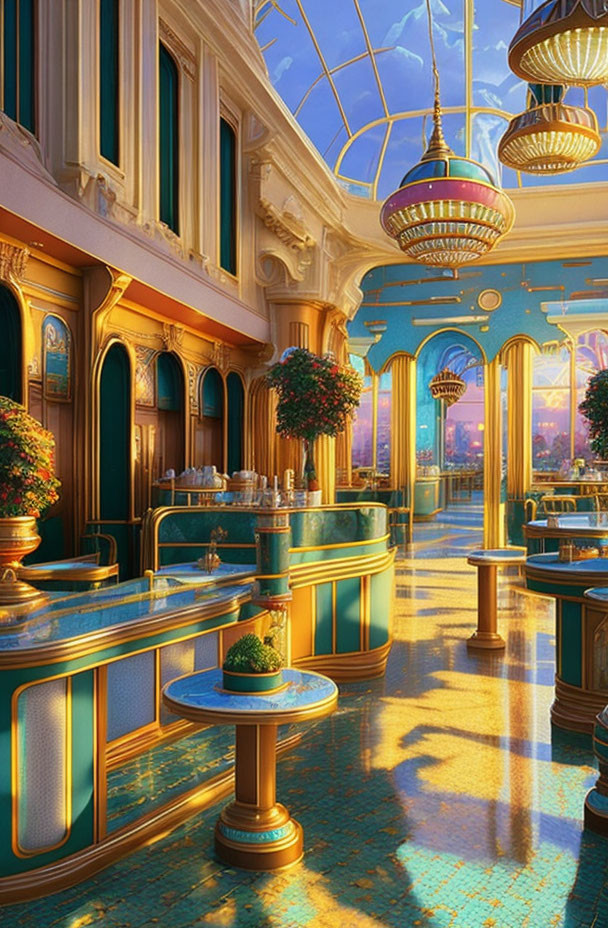 Opulent café interior with high ceilings, golden accents, chandeliers, and natural light.