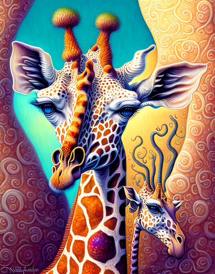 Colorful Stylized Giraffes Illustration on Blue and Yellow Background