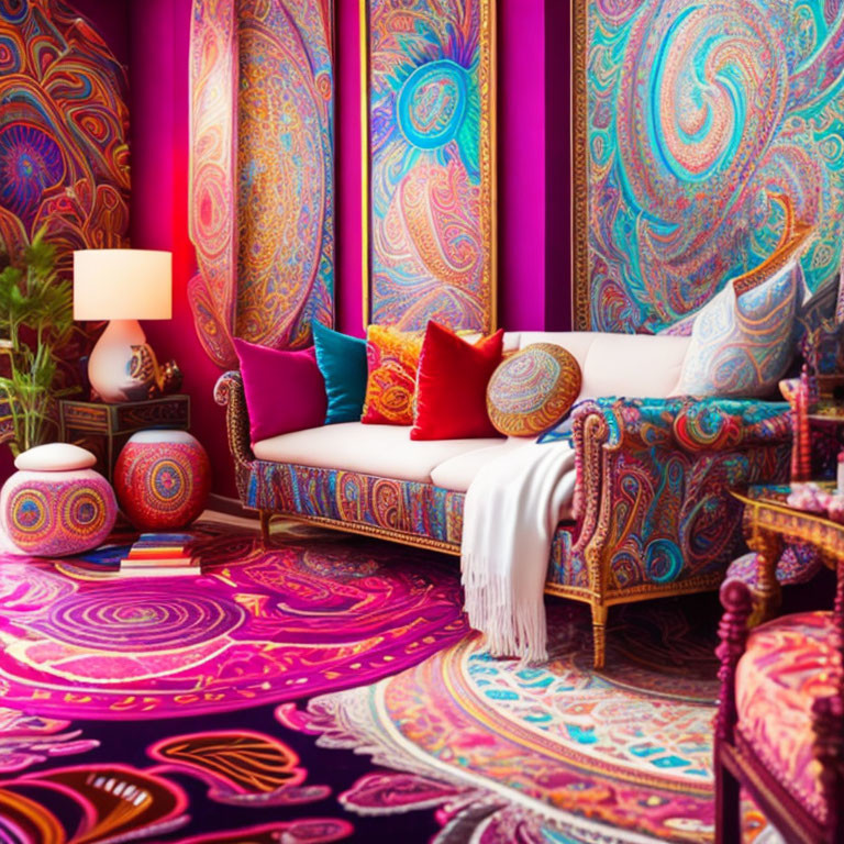 Colorful Psychedelic Room with White Couch and Intricate Decor