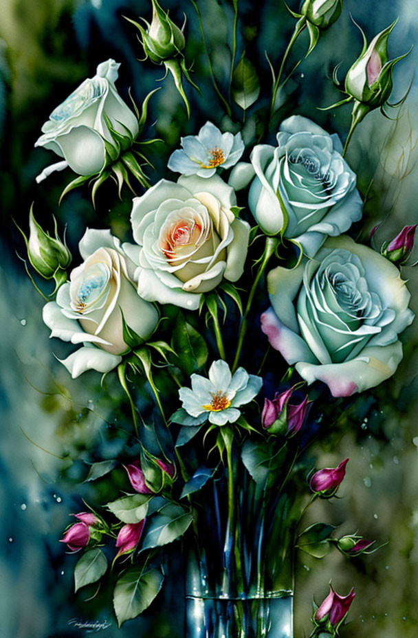 White and Light Blue Roses in Clear Vase on Dark Background