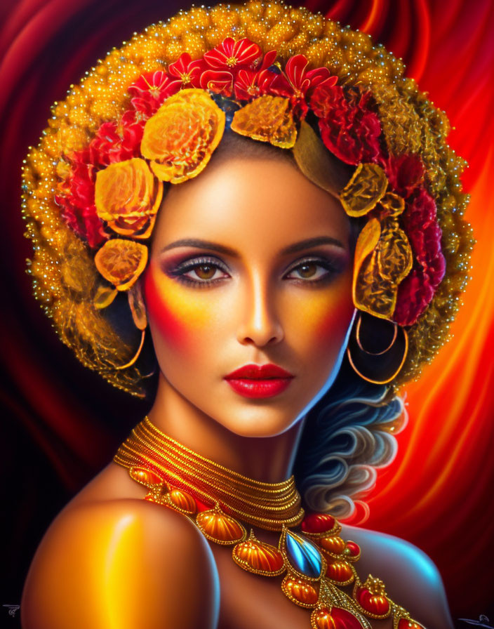 Portrait of a woman with luminous skin and striking makeup, adorned with fiery flowers and gold jewelry