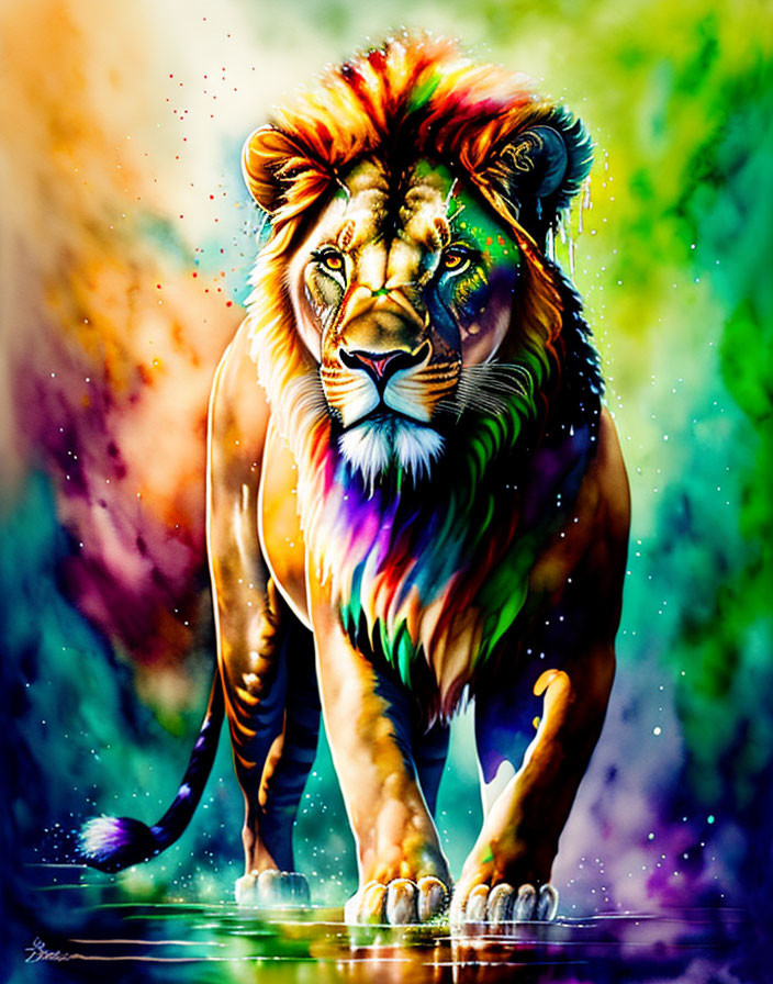 Colorful Rainbow Maned Lion Illustration on Paint Splatter Background