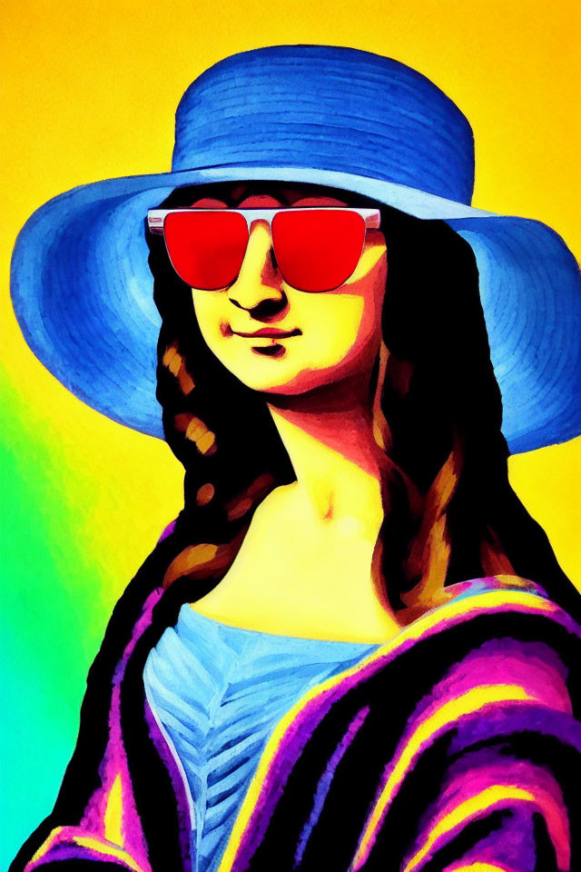 Colorful Mona Lisa with Blue Hat and Red Sunglasses on Yellow Background